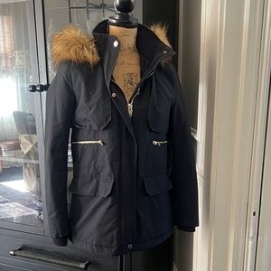 Zara Navy Parka with Faux Fur Trim
